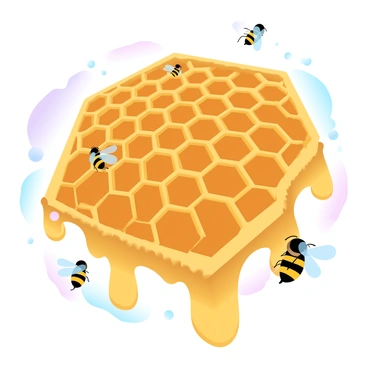 A close-up view of a golden honeycomb with hexagonal cells filled with rich, amber-colored honey. The honey is slowly dripping from the edges of the honeycomb, creating small droplets that glisten in the light. The textured surface of the honeycomb is visible, showcasing its intricate pattern. Surrounding the honeycomb are tiny bees, busy gathering nectar, with some perched on the honeycomb itself. The background features a soft gradient of pastel colors, enhancing the golden tones of the honeycomb.