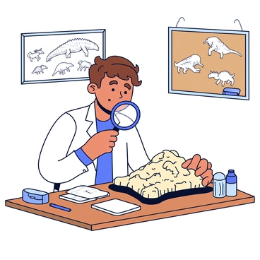A paleontologist with short brown hair is wearing a white lab coat. The scientist is intently examining a dinosaur bone fragment through a handheld magnifying glass. The bone fragment is rough and textured, showcasing intricate details. The paleontologist is seated at a wooden table cluttered with various tools like brushes and note pads. A bright light source illuminates the bone, enhancing its features. In the background, there are sketches of dinosaurs pinned to a corkboard.