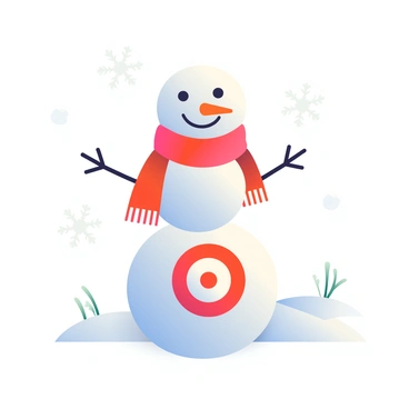 A cheerful snowman stands in a snowy landscape. The snowman has a round body made of three large snowballs stacked on top of each other. It is wearing a bright red scarf wrapped around its neck, fluttering gently in the cold breeze. The snowman's eyes are made of small black pebbles, and it has a wide, happy smile created with orange carrot for its nose. On its belly, there is a painted bullseye consisting of concentric circles in red, white, and blue. The background features softly falling snowflakes against a pale winter sky.