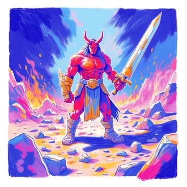 Hellboy wielding a massive sword while standing on a battlefield.