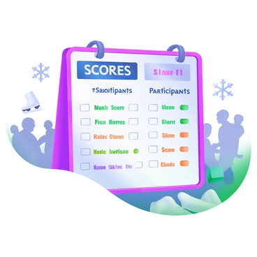 A modern pastel illustration of an elegant scoreboard at an ice skating competition. The scoreboard displays the words "Scores" and "Participants" in large, bold letters. Below the headings, there are neatly arranged score entries for various competitors, each represented by a name in an elegant font and accompanied by their respective scores. The scoreboard is framed by soft pastel colors, with ice skates and snowflakes subtly integrated into the design surrounding it. In the background, there are blurred silhouettes of spectators watching the competition.