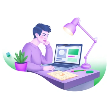 A person sitting at a wooden desk, focused on filling out their social media profile on a laptop. The individual is wearing a cozy sweater and has short hair, with a thoughtful expression on their face. Beside the laptop, there is a notebook opened with notes and a colorful pen resting on top. A small succulent plant is placed in a stylish pot on the desk, adding a touch of greenery. In the background, there is a soft glow from a lamp, casting gentle light over the scene.