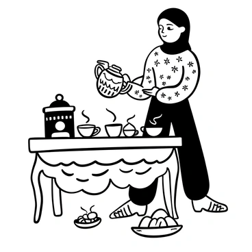 A hijab-wearing girl in a beautifully patterned outfit is gracefully pouring tea from a traditional teapot into delicate cups placed on an ornate table. The teapot has intricate designs etched into its surface, and the cups are small and finely crafted, glinting subtly in the light. Steam rises gently from the teacups, creating a soft atmosphere around the scene. There are various decorative elements around the table, including small plates with pastries and an elegant tablecloth beneath the teapot and cups.