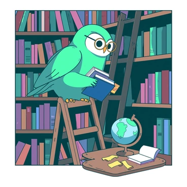 A teal wise old owl with round glasses is perched on a wooden ladder in a mystical library. The owl is delicately holding a small stack of colorful books with its talons. Shelves filled with various books of different sizes and colors stretch high into the background, and the soft glow of warm white light illuminates the scene. The owl is carefully placing a deep blue book onto one of the shelves while examining the titles with a keen eye. A few scattered scrolls and an ornate globe rest on a nearby wooden table, adding to the enchanting atmosphere of the library.