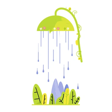 A showerhead designed to resemble a rainforest with a green circular top shaped like large leaves. The showerhead features intricate details, such as small flowers and vines adorning the edges. Water streams gently fall from the center, resembling a light mist, creating a refreshing atmosphere. Surrounding the showerhead are stylized raindrops and a vibrant background of tropical plants and trees.