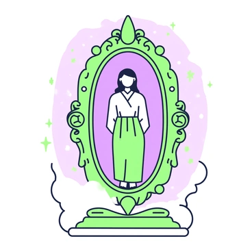 An enchanted mirror stands elegantly in a mystical setting. The frame of the mirror is intricately designed, featuring ornate carvings and symbols. The glass surface reflects an alternate version of the viewer's future self, showcasing distinct changes in appearance such as longer hair and different clothing. The future self appears confident and poised, standing with a slight smile. Surrounding the mirror, soft glowing lights create an ethereal atmosphere, illuminating the scene. A hint of mist envelops the base of the mirror, enhancing its magical quality.