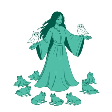 A teal witch with long flowing hair is standing in the center of a circle formed by her animal familiars. Surrounding her are several small white owls perched on her outstretched arms and shoulders. At her feet, small green frogs are sitting on the ground, their eyes wide and alert. The witch is wearing a long, flowing robe adorned with intricate patterns. The setting is illuminated by a soft light, highlighting the connection between the witch and her familiars.