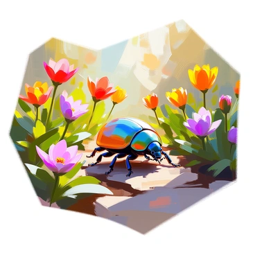 A scarab beetle with a shiny, iridescent green shell is crawling along a rich, dark soil path in a lush garden. Surrounding the beetle are an array of blooming flowers in vibrant hues, including deep reds, bright yellows, and soft purples. The flowers are various shapes and sizes, with some tall and slender while others are bushy and full. Lush green foliage, filled with numerous leaves, frames the scene, enhancing the vivid colors of the garden. Soft sunlight filters through the leaves, casting gentle shadows on the ground.
