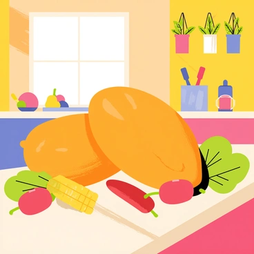 An illustration featuring several sweet potatoes with their orange skin and earthy texture is prominently displayed. Surrounding the sweet potatoes are various other vegetables, including bright green leafy spinach, red bell peppers, and yellow corn. The kitchen setting includes a wooden table with a checkered cloth, and colorful kitchen utensils scattered around. Above, there are hanging pots of herbs, adding a lively touch to the scene. The background showcases vibrant walls painted in warm colors, enhancing the overall cheerful atmosphere of the kitchen.