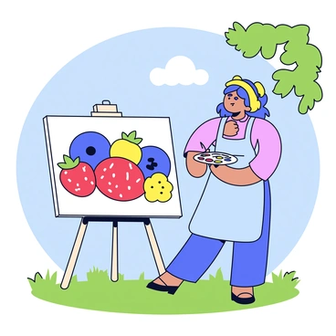An artist stands at an easel, focused on painting a still life. The canvas displays a composition of vibrant red strawberries, deep blue blueberries, and bright yellow raspberries. The artist, wearing a light blue apron, holds a palette filled with various colors. The outdoor setting features a sunny blue sky and a few wispy clouds, along with patches of green grass beneath their feet. A gentle breeze rustles the leaves of nearby trees, framing the scene.