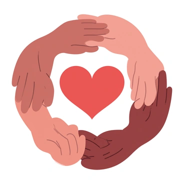 Hands of various skin tones are positioned in a circle, each hand gently touching the next. The hands are of different shapes and sizes, showcasing diversity. At the center of the circle is a large heart symbol, vividly colored, enhancing the unity of the hands surrounding it. The overall composition radiates warmth and togetherness.