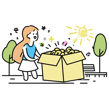 Nami joyfully opening a box in a sunny park, revealing a treasure trove of sparkling items.