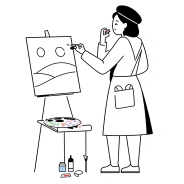 An artist is standing in front of an easel, focused on painting a landscape. The canvas displays rolling hills and a bright sky. The artist is wearing a smock splattered with paint and has a beret atop their head. In one hand, they hold a paintbrush, while in the other hand, they are snacking on a "KitKat" bar. There are various paint tubes and brushes scattered on the ground nearby, and a palette covered in vibrant paint sits on a table next to the easel.