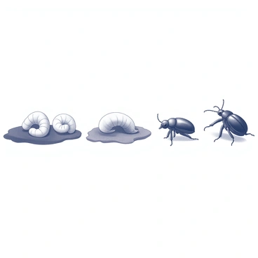 A sequence of illustrations depicting the life cycle of a scarab beetle. The first illustration shows a larva, resembling a plump, white, C-shaped creature with a soft body, resting in dark soil. The second illustration displays the pupa, encased in a smooth, light-colored shell, partially buried in the earth. The third illustration presents a newly emerged adult scarab beetle, with its smooth exoskeleton glistening, standing on the ground. The final illustration features a mature scarab beetle, showcasing its distinctive rounded shape and well-defined horns, crawling along the soil. Each stage is clearly labeled to indicate the progression from larva to adult.