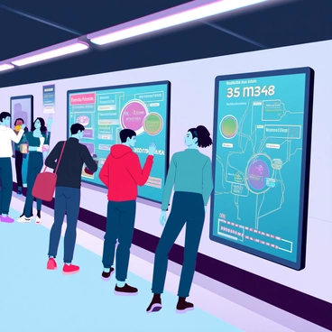 A subway advertisement featuring interactive touchscreens mounted on the walls. The screens display vibrant graphics and animations that invite commuters to engage by tapping and swiping. The setting is a bustling subway station filled with people of diverse backgrounds, some stopping to interact with the ads while others continue walking. Nearby, a digital map and travel information are highlighted on one of the screens, showcasing the connectivity of the subway system. The overall environment is illuminated by overhead lights, creating an energetic atmosphere.