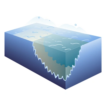 A dramatic depiction of a subduction zone shows two tectonic plates interacting. The upper plate, colored in deep blue with jagged edges, is positioned above the lower plate, which is a darker shade of blue. The lower plate is visibly diving beneath the upper plate, creating a steep angle. Clear, sharp lines illustrate the boundary between the two plates, emphasizing the movement. Above the scene, the sky is a gradient from deep navy to lighter blue, suggesting the depth of the ocean above. Small bubbles and currents can be seen, providing a sense of water movement above the tectonic activity.