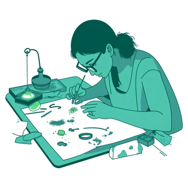 A teal jeweler is focused intently on crafting a delicate ring, using precision tools at a cluttered white workbench. The workbench is scattered with various items, including tiny gemstones, metal shavings, and toolboxes. The jeweler wears a pair of magnifying glasses resting on their forehead, and their hands are steady as they work on the intricate details of the ring, which is partially completed and glimmers faintly under the light. A small lamp illuminates the workspace, creating a warm atmosphere amidst the organized chaos.