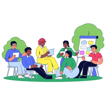 A diverse team of four individuals is seated in a circle on the grass in a park. Each person is holding a notepad and pen. There is a flipchart standing nearby, displaying colorful notes and diagrams relevant to their discussion. The team includes a man wearing a blue shirt, a woman with curly hair in a yellow dress, a person with glasses in a green sweater, and another individual in a red polo shirt. Trees and a clear sky serve as the backdrop to their focused debrief session.