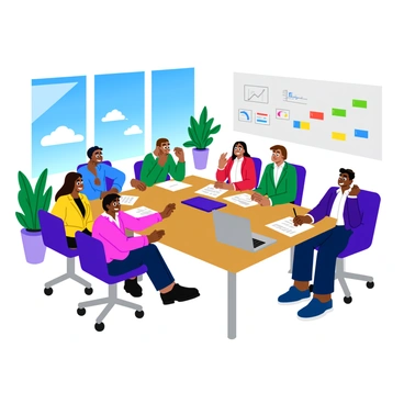 A diverse team of factory managers, consisting of individuals with various ethnic backgrounds, is engaged in a discussion around a large rectangular table in a modern conference room. Each manager is wearing professional attire, including suits and business casual outfits. The table is covered with documents, charts, and a laptop, showcasing graphs and plans. A large window in the background reveals a bright blue sky with a few clouds. Whiteboards with colorful markers are mounted on the walls, containing notes and diagrams. A potted plant adds a touch of greenery to the corner of the room. The atmosphere reflects a sense of collaboration and focus.