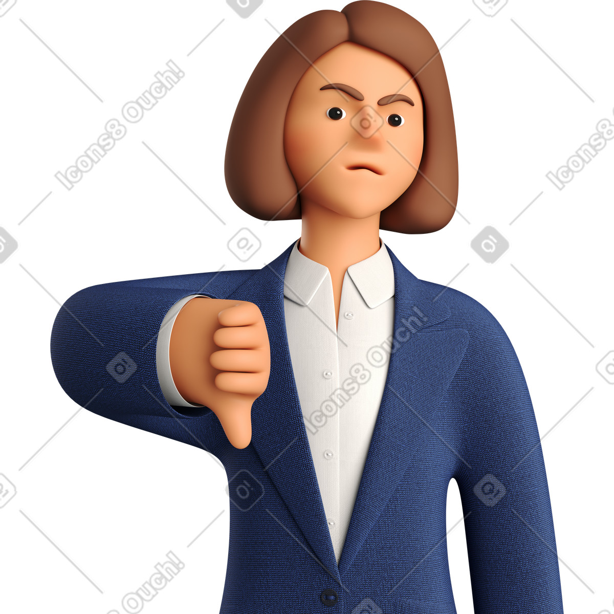 Angry businesswoman in blue suit showing thumbs down-Illustration im 3D Business-Stil als Download PNG, SVG