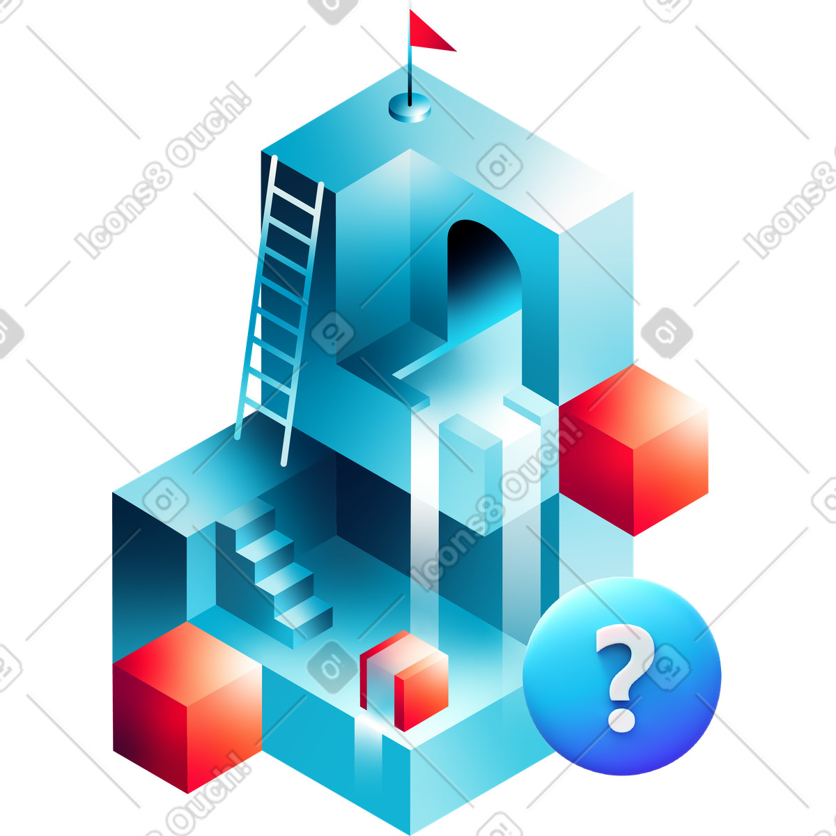 Isometric maze building, building with many ways and stairs towers garish, way to finish illustration in Glare style download in PNG, SVG