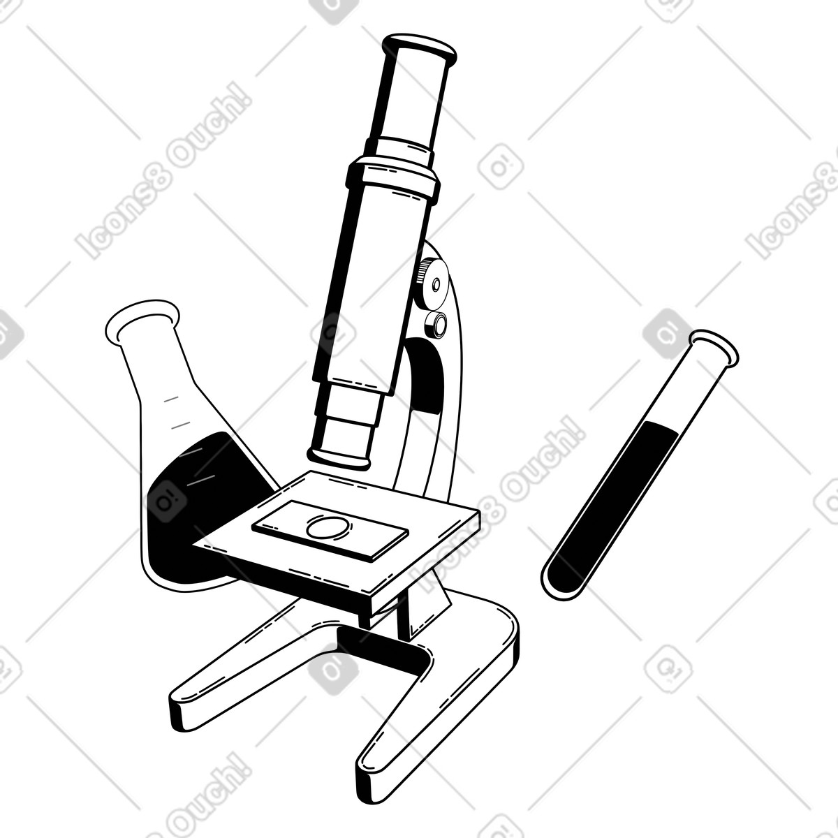 Illustration animée Microscope avec bécher et tube à essai, étude scientifique recherche en laboratoire dans le style 3D Techny Line télécharger aux formats GIF, Lottie (JSON), AE