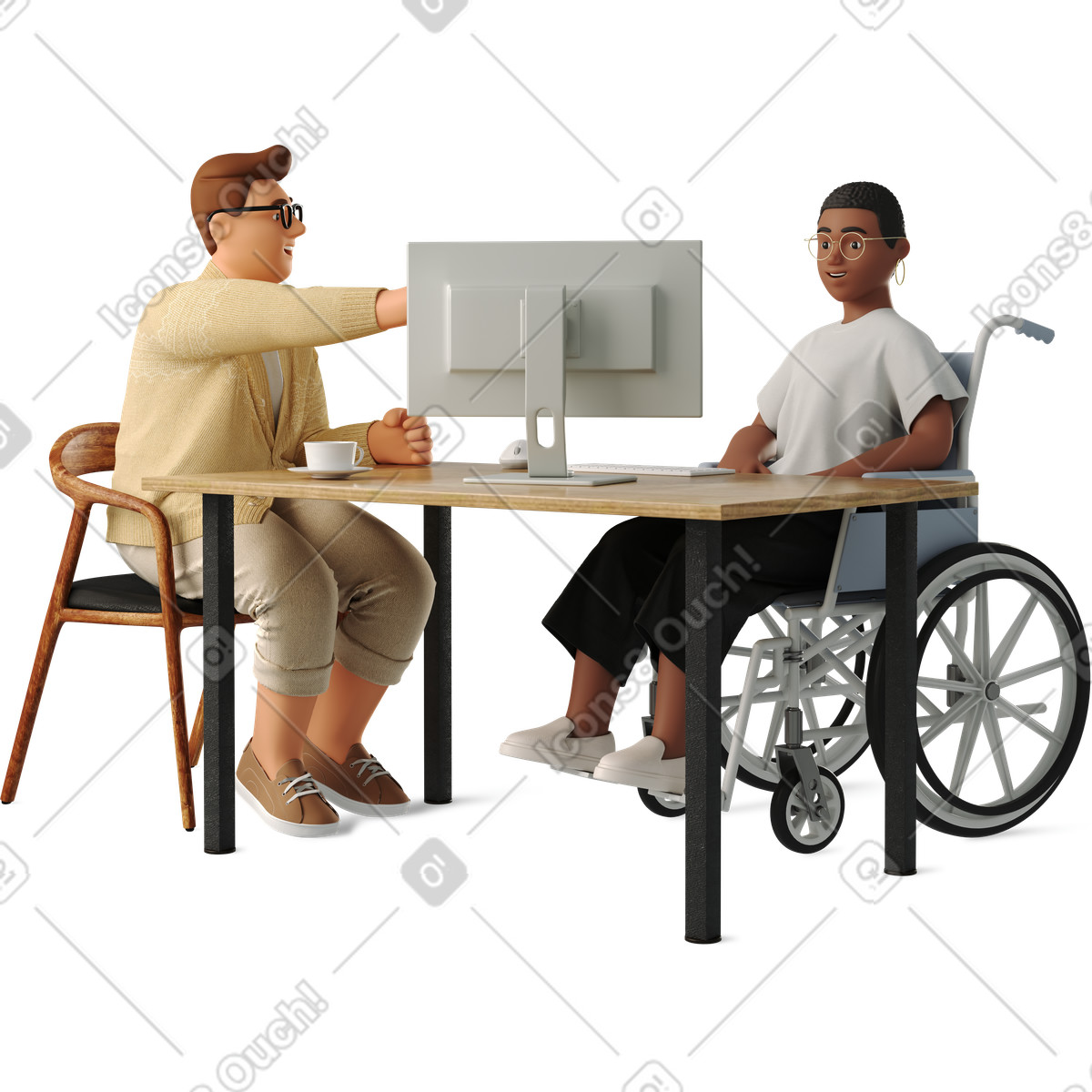 3D Business 스타일의 Young man and woman discussing a project on computer 일러스트레이션 PNG, SVG 다운로드
