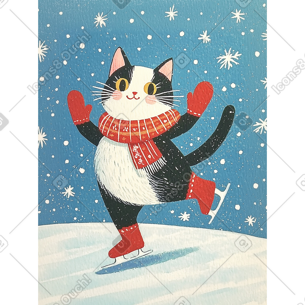 Christmas postcard with cat ice skating illustration in Postcards style download in PNG, SVG