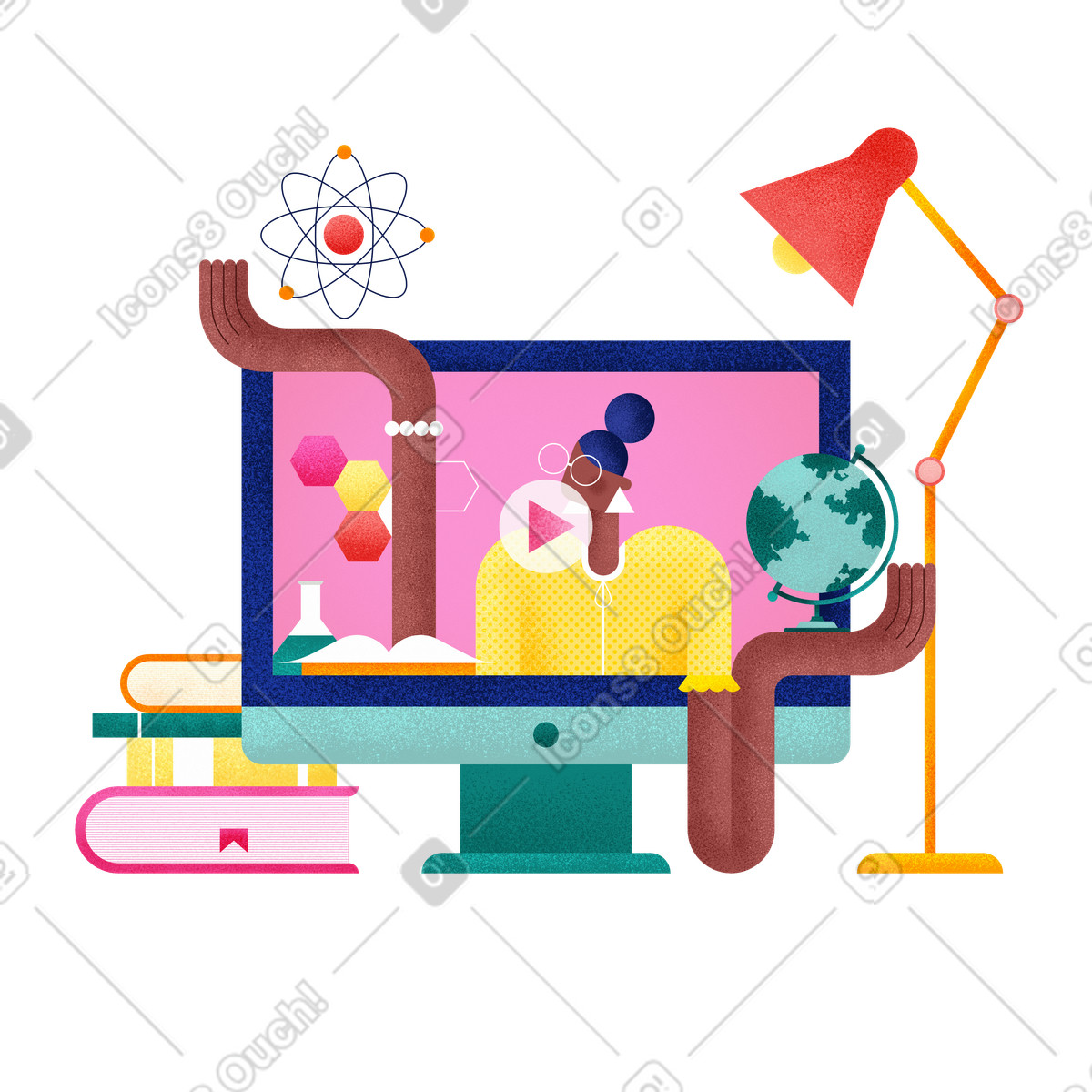 Virtual classroom with books and globe, Distance learning and remote education illustration in Willowy style download in PNG, SVG
