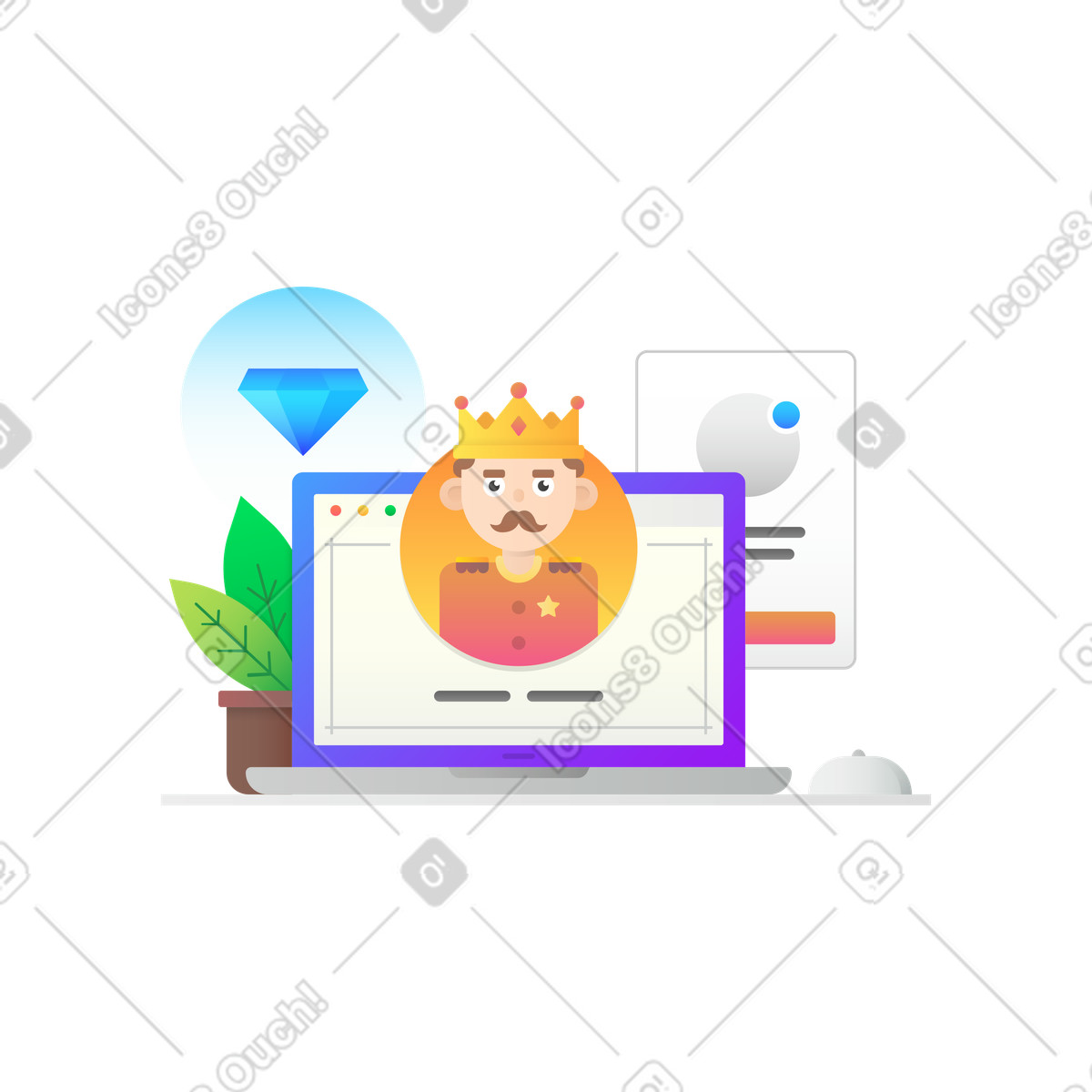 Computer screen with a king on it illustration in Hugo style download in PNG, SVG