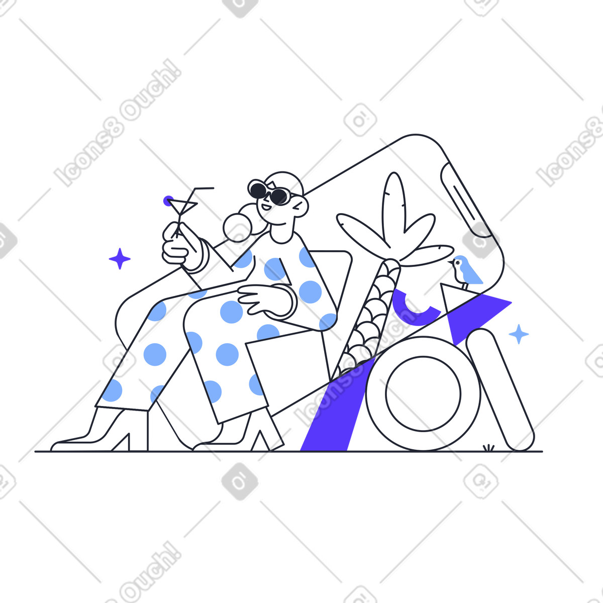 Augmented reality experience, stylish user in sunglasses relaxing with cocktail illustration Pablita style download PNG, SVG