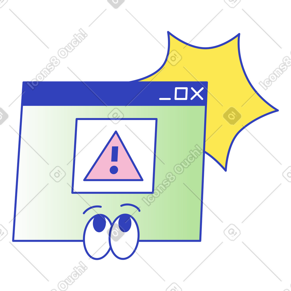 Error popup window with exclamation warning sign and cartoon eyes-Illustration im Eyeful-Stil als Download in PNG, SVG