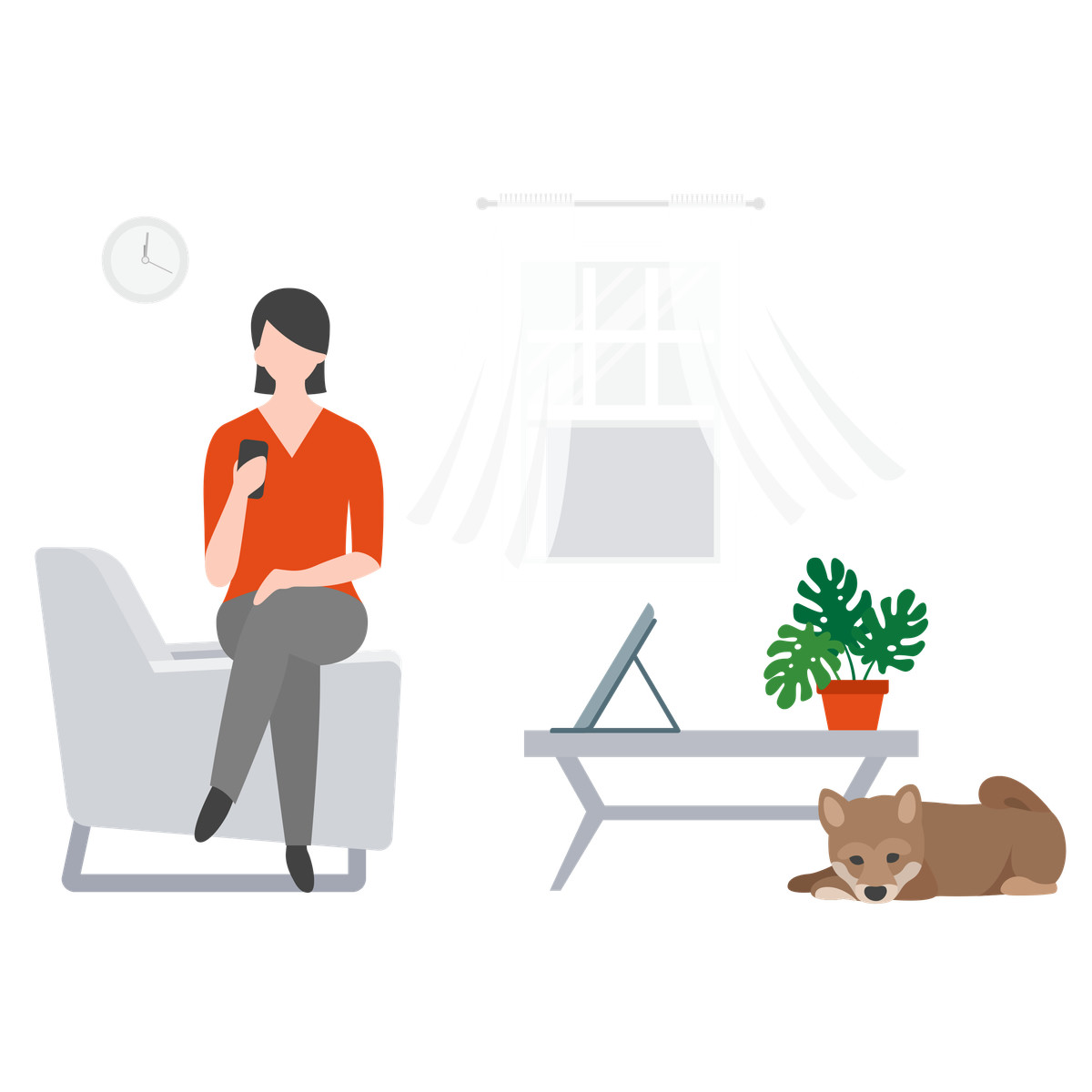 Illustration Home office with relaxed freelancer and pet, Work from life dans le style Fogg à télécharger aux formats PNG, SVG