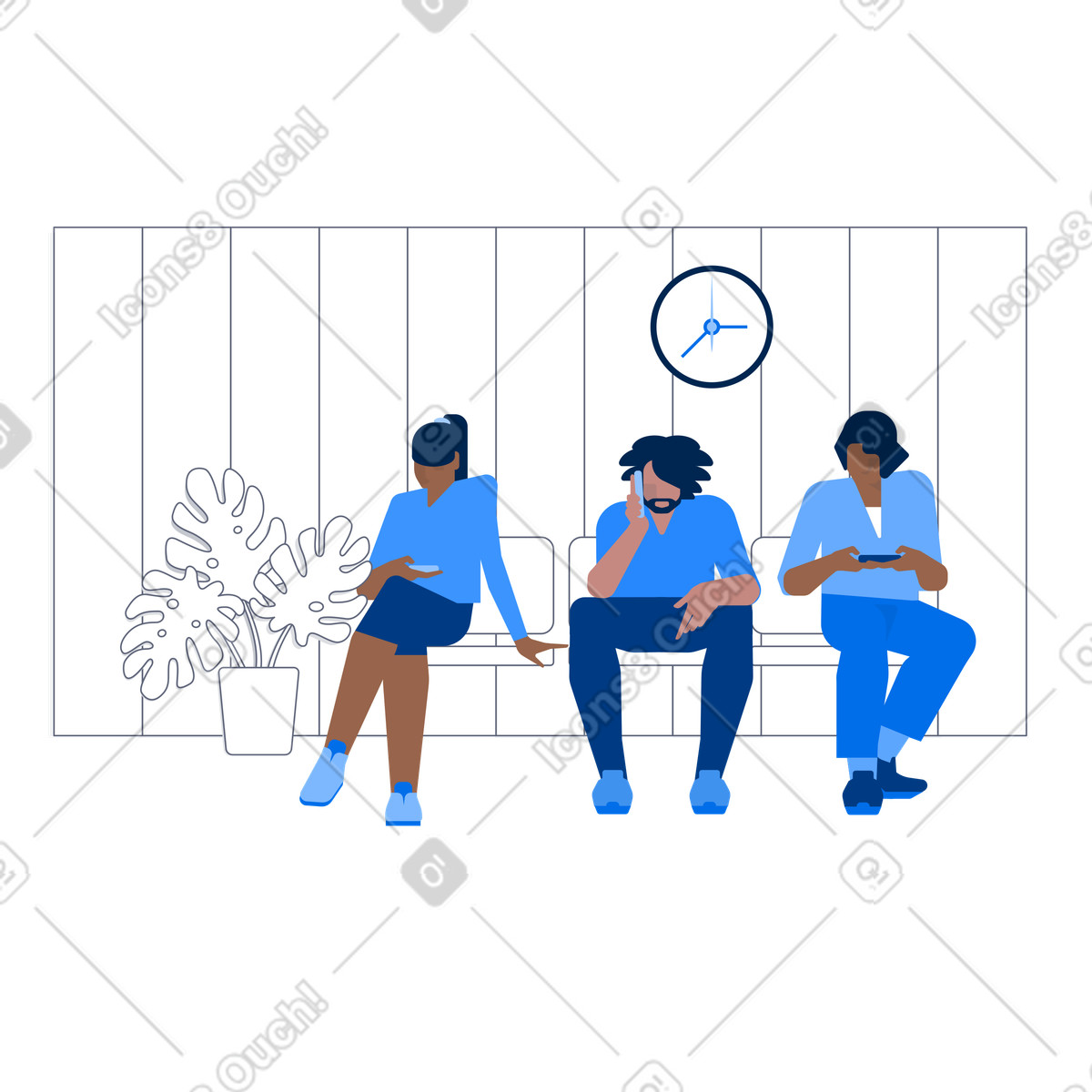 Group sitting with phones in waiting area, Queue or service delay illustration in PNG, SVG