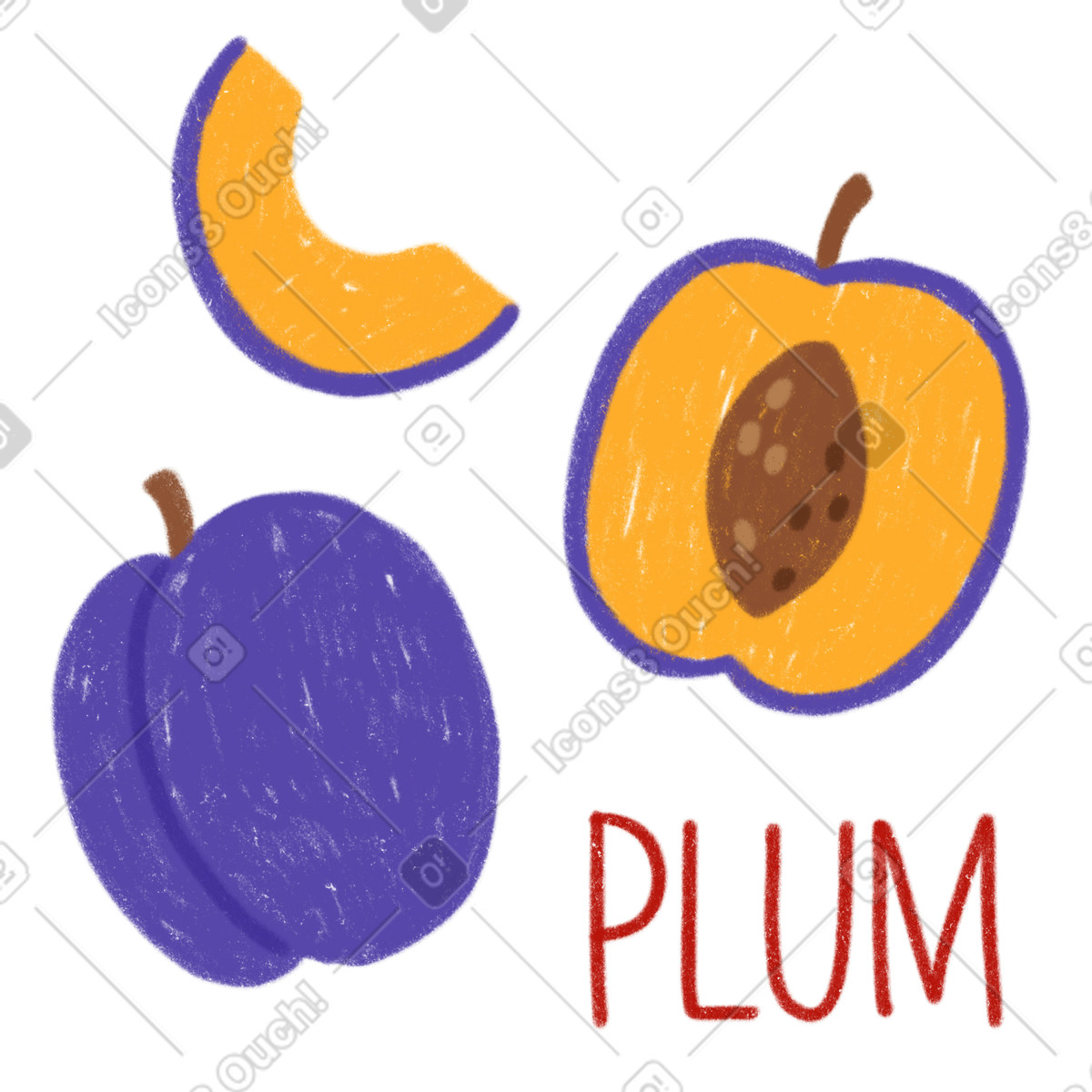 Ilustración Ciruela, media una rodaja de ciruela y letras. en estilo Cozy a descargar en PNG SVG