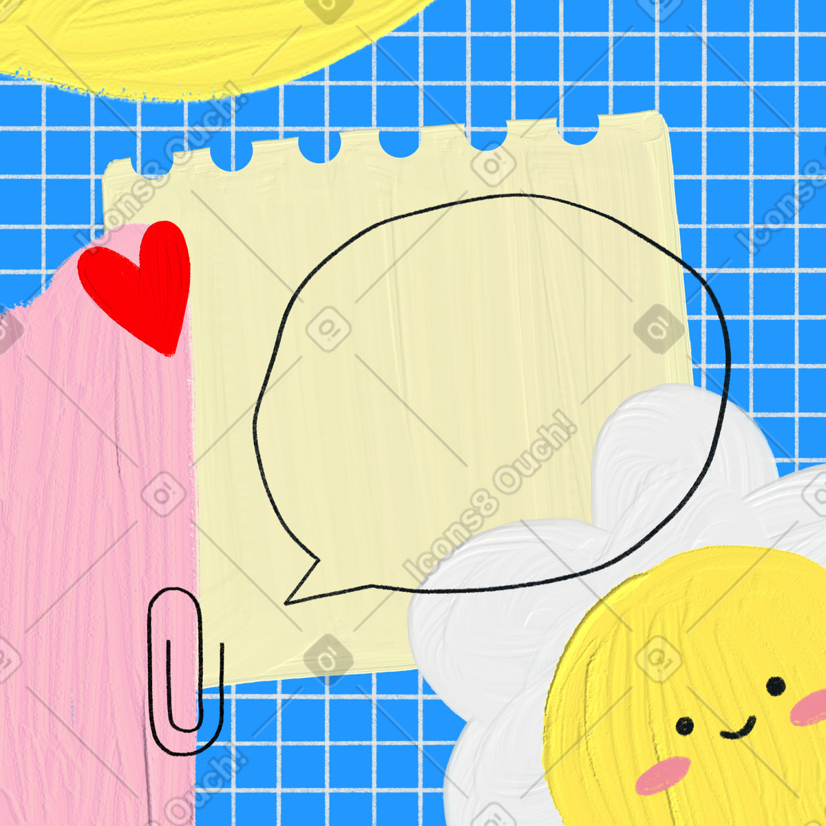 Ilustração de Fundo xadrez azul com elementos decorativos fofos em no estilo Scrapbooking para baixar em PNG, SVG