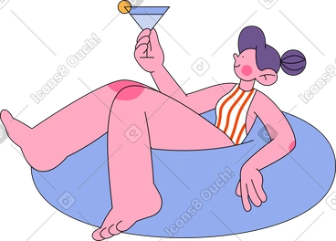 Girl in striped swimsuit laying in rubber ring PNG, SVG