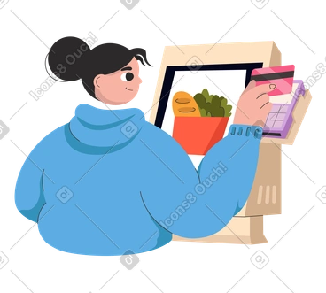 Woman pays for groceries at the self-service checkout PNG, SVG