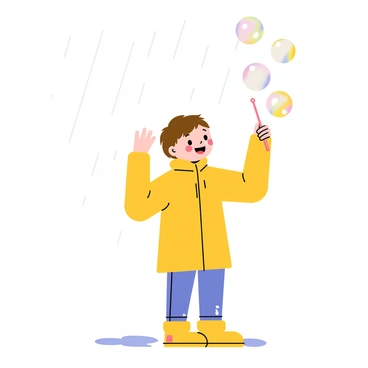 A child wearing a bright yellow raincoat stands beneath a gray, rainy sky. The child has short brown hair and is holding a small bubble wand, creating a stream of colorful soap bubbles that float into the air. The rain is falling gently around, with small puddles forming on the ground beneath the child's feet. The child's face shows tears mixed with a few smiles as they watch the bubbles rise and pop, glistening with the reflections of the surrounding raindrops.