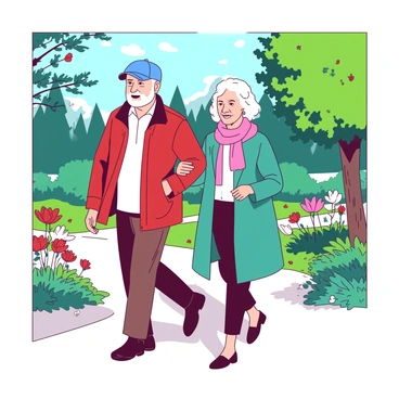 An elderly couple is walking in a park, arm in arm, with smiles on their faces. The man is wearing a blue cap and a red jacket, while the woman is dressed in a teal coat and a pink scarf. They are maintaining excellent walking form, with their backs straight and strides even. Around them, the park is filled with vibrant greenery and colorful flowers, creating a lively atmosphere. Sunlight filters through the trees, casting gentle shadows on the path they are walking on.