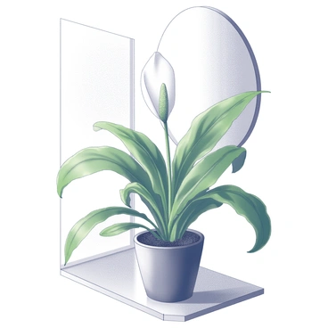 A peace lily potted in a ceramic planter is positioned on a bathroom counter. The glossy green leaves extend upwards, with some leaves curling slightly at the edges. A single white flower blooms at the top, surrounded by the lush foliage. A wall-mounted mirror is placed behind the plant, reflecting the peace lily. The surface of the counter is smooth, and there are subtle textures visible on the countertop. The lighting is soft, enhancing the plant's features and casting gentle shadows.
