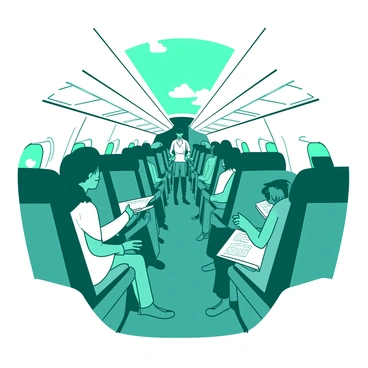 The image depicts the interior of an airplane cabin painted in a duotone of teal and white. In the foreground, several passengers are seated comfortably in their seats, each with a tray table lowered in front of them. Some passengers are engrossed in books, while others are looking out the window at the clouds outside. The cabin lights are softly illuminated, creating a warm atmosphere. Overhead, the luggage compartments are closed, and safety information cards can be seen in the seatback pockets. The cabin aisle is clear, leading towards the front of the airplane where a flight attendant is serving refreshments.