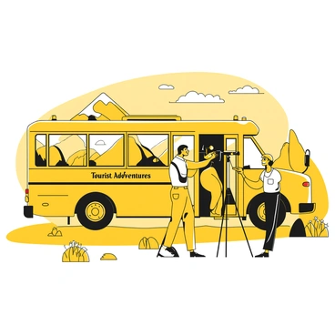 A tour bus driver with a friendly expression is assisting a tourist in setting up their camera for landscape photography. The driver is wearing a uniform with a name tag, standing next to the open door of a tour bus. The tourist, a young man, is adjusting the tripod of a camera while smiling, eager to capture the scenery. In the background, there is a breathtaking view of mountains and a clear sky. The ground is dotted with patches of grass and a few wildflowers, enhancing the outdoor setting. The bus has "Tourist Adventures" written on its side, and there are a few other tourists exploring the area nearby.