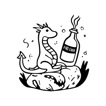 A friendly dragon sitting on a rock, its body curled around a bottle labeled "Fire Cider." The dragon's scales are intricately detailed, showcasing various textures and patterns. The bottle is positioned prominently in front of the dragon, with steam gently rising from the top. The surrounding area is filled with small flames and sparks, creating a whimsical atmosphere. The dragon is looking attentively at the bottle, conveying a sense of playfulness and curiosity.