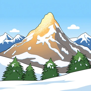 A tall mountain peak rises majestically, its summit covered in thick layers of sparkling white snow and glistening ice. The sunlight casts a warm golden glow on the snow, highlighting the mountain's sharp ridges and rugged terrain. In the foreground, a few resilient evergreen trees are dusted with snow, their branches heavy and drooping. A clear blue sky stretches above, with a few fluffy white clouds drifting lazily. In the distance, other snow-capped mountains are visible, creating a stunning backdrop to the scene.