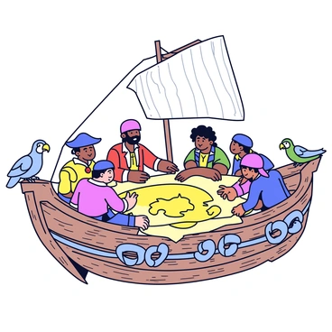 The deck of a pirate ship with crew members planning their next adventure