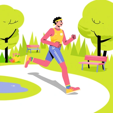 A runner wearing bright, retro workout gear with bold colors and patterns is jogging along a winding path in a park. The park is filled with fluffy green trees and colorful flower beds. A couple of vintage-style benches line the path, and a small pond reflects the clear blue sky. The runner has a joyful expression and is wearing a sweatband on their head. Gentle sunlight filters through the trees, casting playful shadows on the ground.