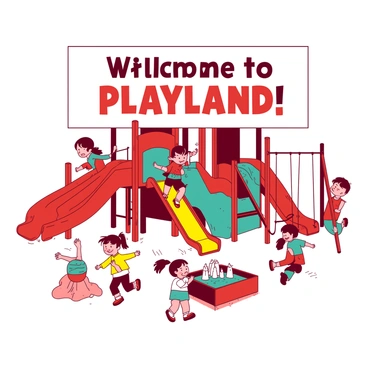 A red playground with various play structures, such as slides and swings, is bustling with activity. Children of different ages are playing; one child is climbing up a teal climbing wall, while another is sliding down a bright yellow slide. In the center, a group of children is playing tag, their laughter filling the air. Nearby, a colorful sandbox is occupied by two children building a sandcastle. Above this lively scene, there is a large sign that reads "Welcome to Playland!" in bold letters, prominently displayed in the background.