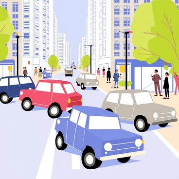 A busy street scene featuring several crossover SUVs in varied colors, such as blue, red, and silver, navigating through city traffic. The SUVs are positioned in multiple lanes, displaying dynamic movement as they maneuver around other vehicles. Sidewalks are lined with pedestrians in casual attire, some stopping to look at storefronts. In the background, tall buildings with large windows tower over the street, and traffic lights change colors above. Sunlight casts shadows on the road, creating a vibrant urban atmosphere.