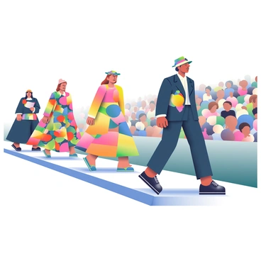 A vibrant runway show is taking place, featuring a variety of models showcasing outfits inspired by famous illustrations. Each model has a distinct look, with one wearing a flowing dress adorned with colorful floral patterns reminiscent of an iconic painting. Another model is strutting in a tailored suit with geometric shapes that echo a famous art piece. The runway is lined with bright lights, and the audience is filled with eager spectators. Some models are accessorized with unique hats and statement jewelry that reference classic illustrations, adding further visual interest to the scene. The backdrop is a simple, elegant design that highlights the creative outfits being presented.